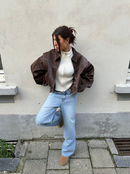 Women's Lapel Collar Jacket Contrast Stitching