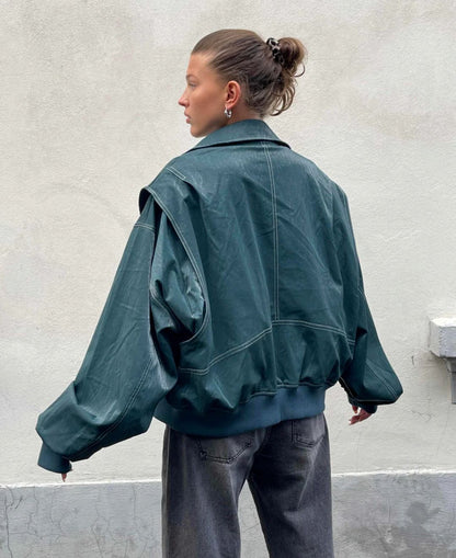 Women's Lapel Collar Jacket Contrast Stitching