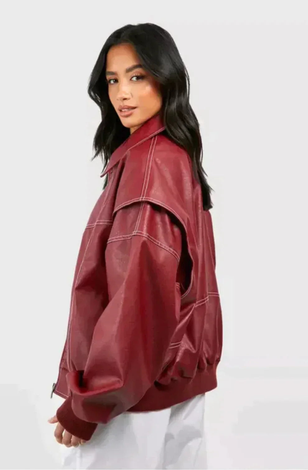 Women's Lapel Collar Jacket Contrast Stitching