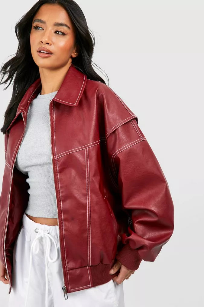 Women's Lapel Collar Jacket Contrast Stitching