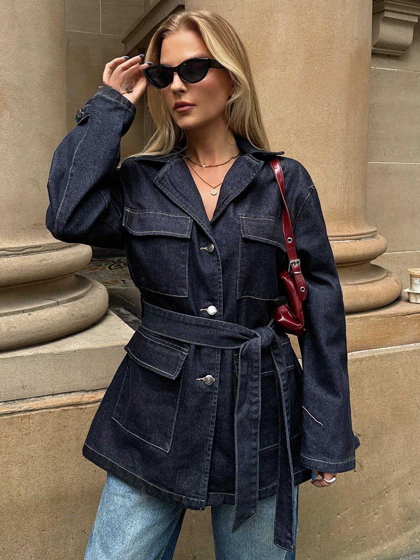 Women's Denim Jacket Belted Chest Pockets - VibreMode