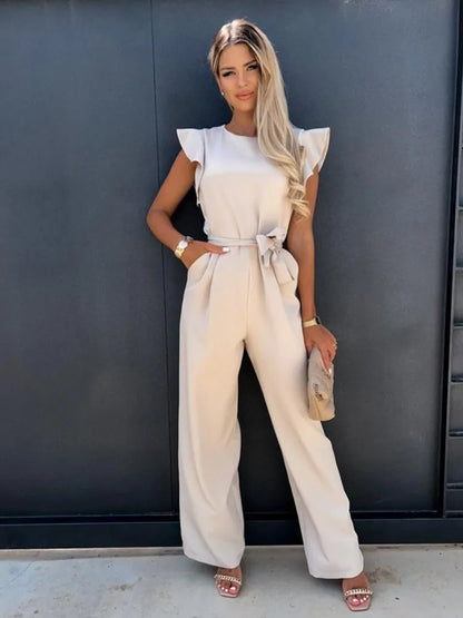 Women's Ruffle Sleeve Jumpsuit Tie Waist