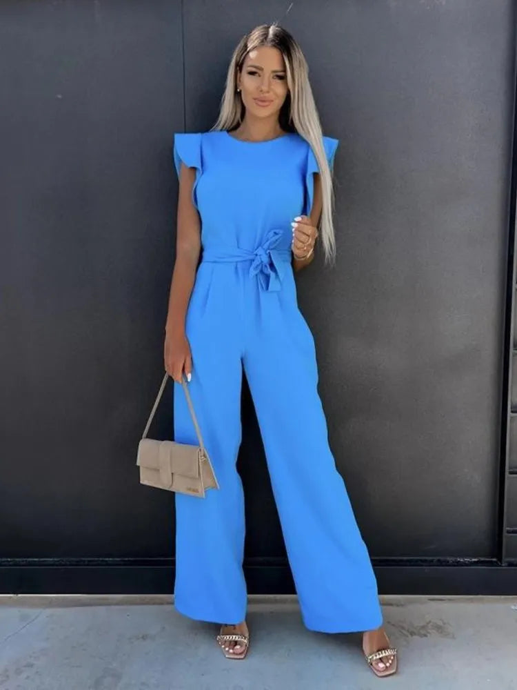 Women's Ruffle Sleeve Jumpsuit Tie Waist