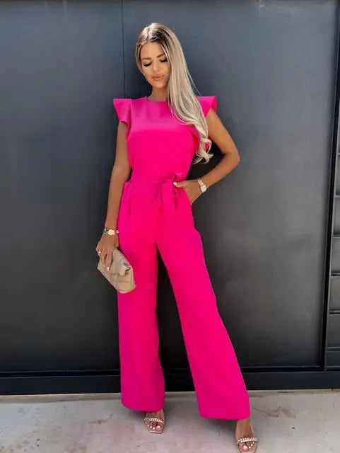 Women's Ruffle Sleeve Jumpsuit Tie Waist