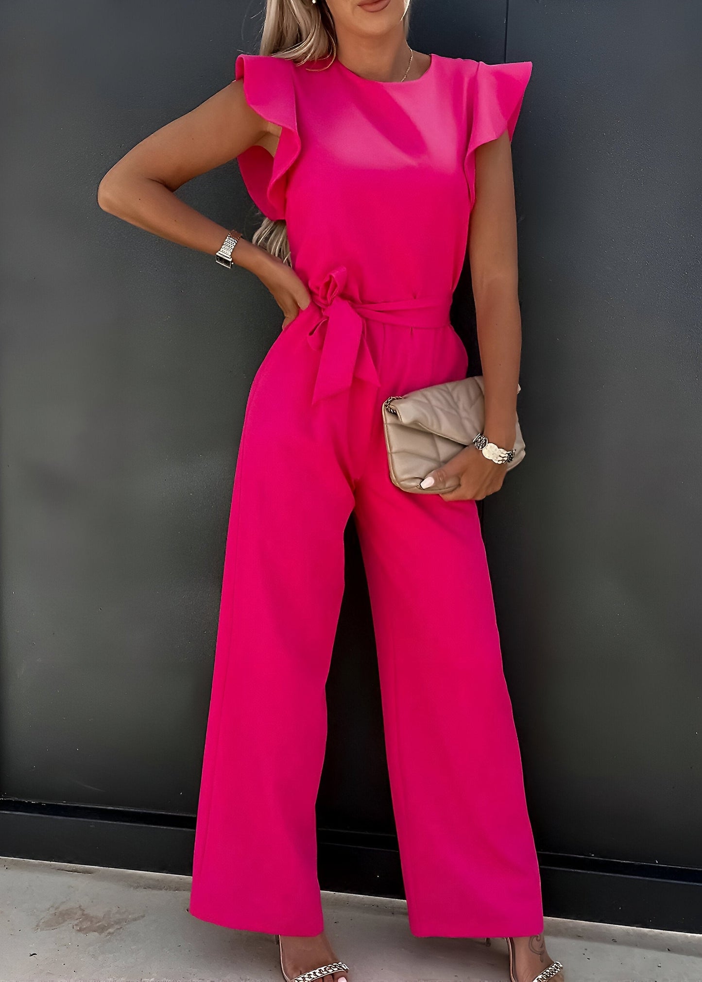 Women's Ruffle Sleeve Jumpsuit Tie Waist