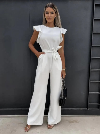 Women's Ruffle Sleeve Jumpsuit Tie Waist