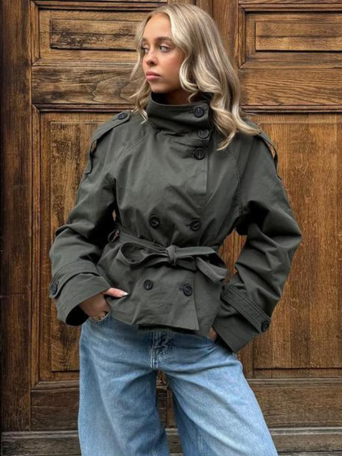 Women's Short Jacket Tie Belt Button Front
