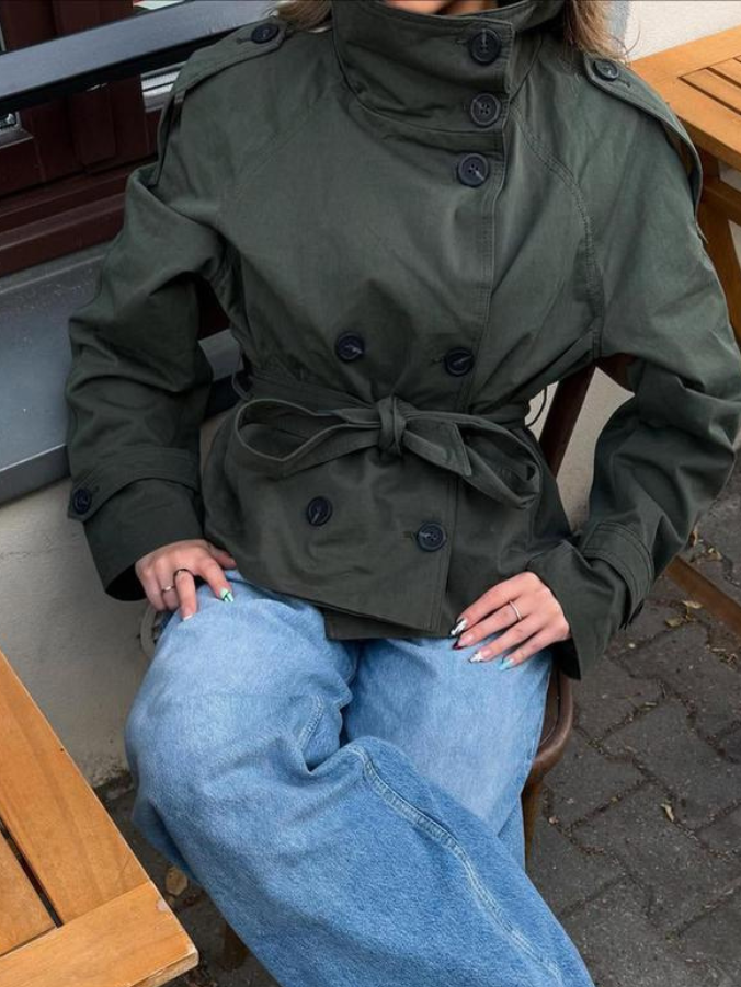 Women's Short Jacket Tie Belt Button Front