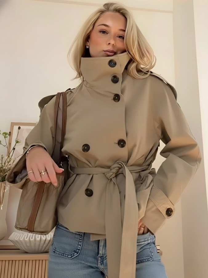 Women's Short Jacket Tie Belt Button Front