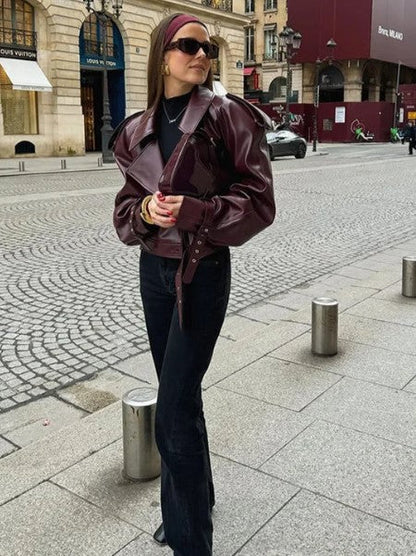 Women's Short Lapel Collar Jacket with Belt