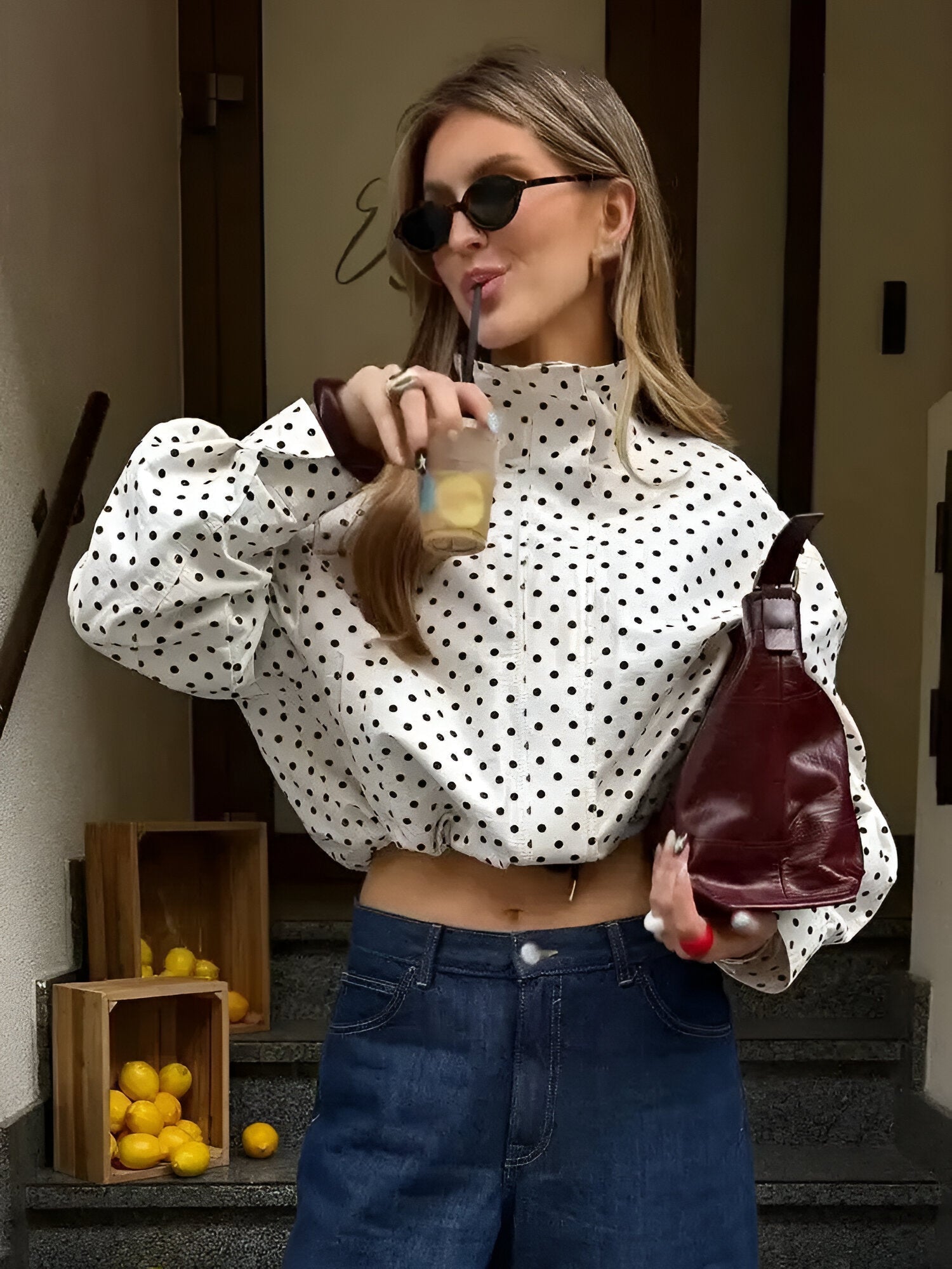 Women's Polka Dot Short Jacket Stand-Up Collar - VibreMode