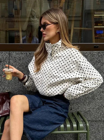 Women's Polka Dot Short Jacket Stand-Up Collar