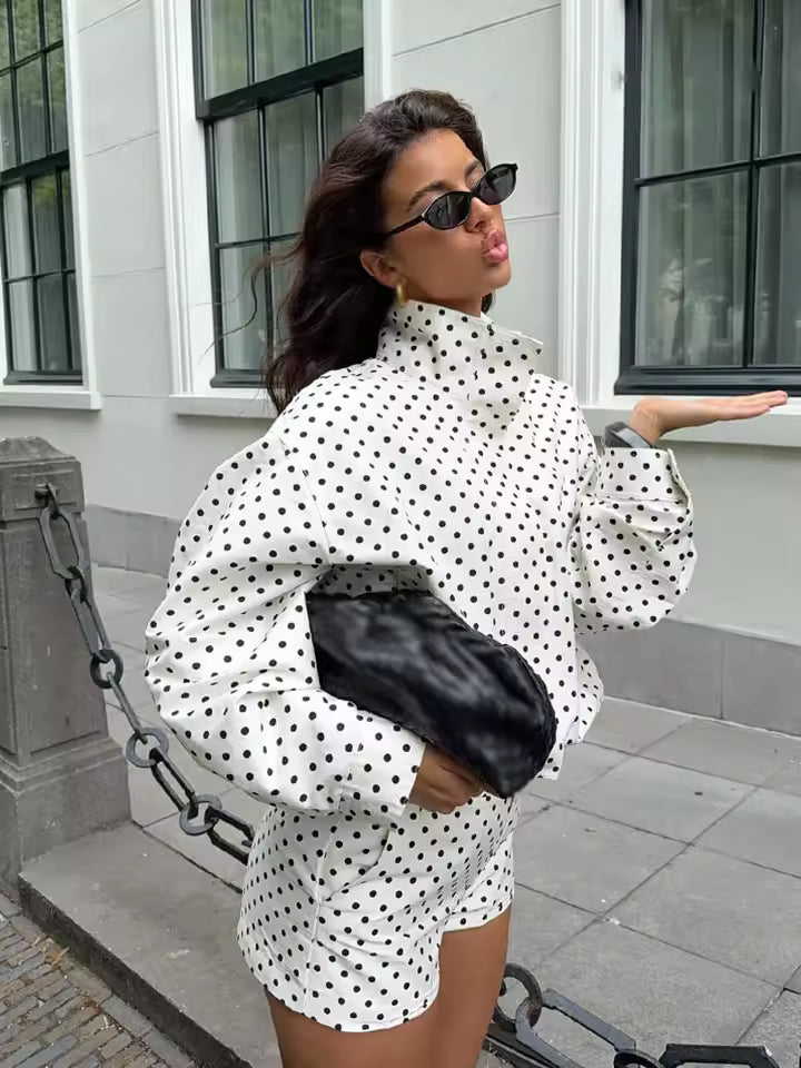 Women's Polka Dot Short Jacket Stand-Up Collar