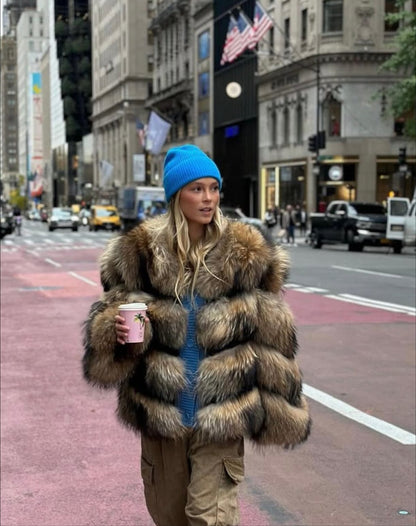 Women's Faux Fur Short Jacket Horizontal Striped