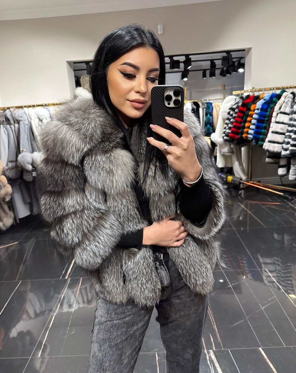 Women's Faux Fur Short Jacket Horizontal Striped