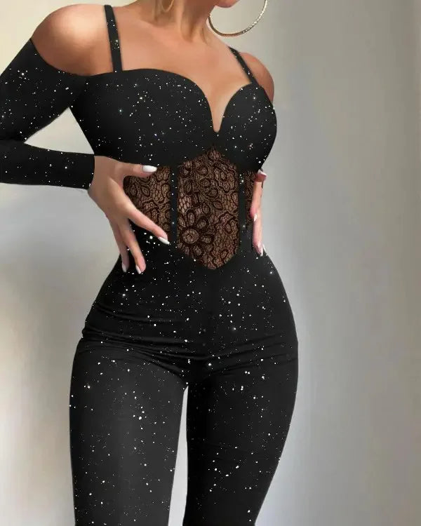 Women's Glitter Jumpsuit Cold Shoulder Heart Neckline - VibreMode