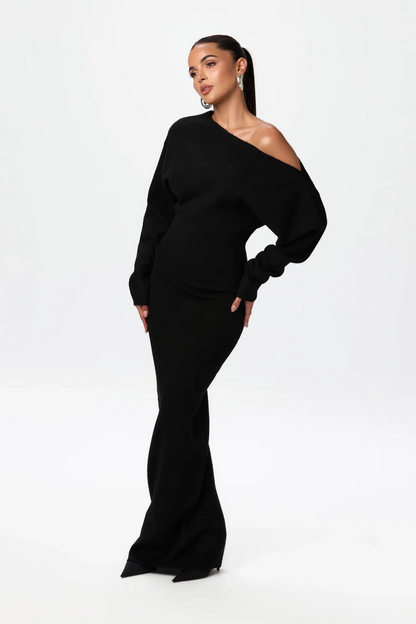 Women's Long Sleeve Maxi Dress Knit Cutout Design - VibreMode