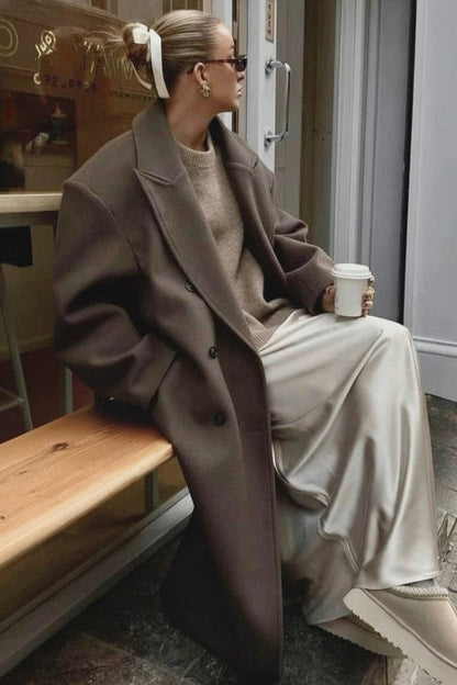 Women's Maxi Coat Notched Collar Button Front