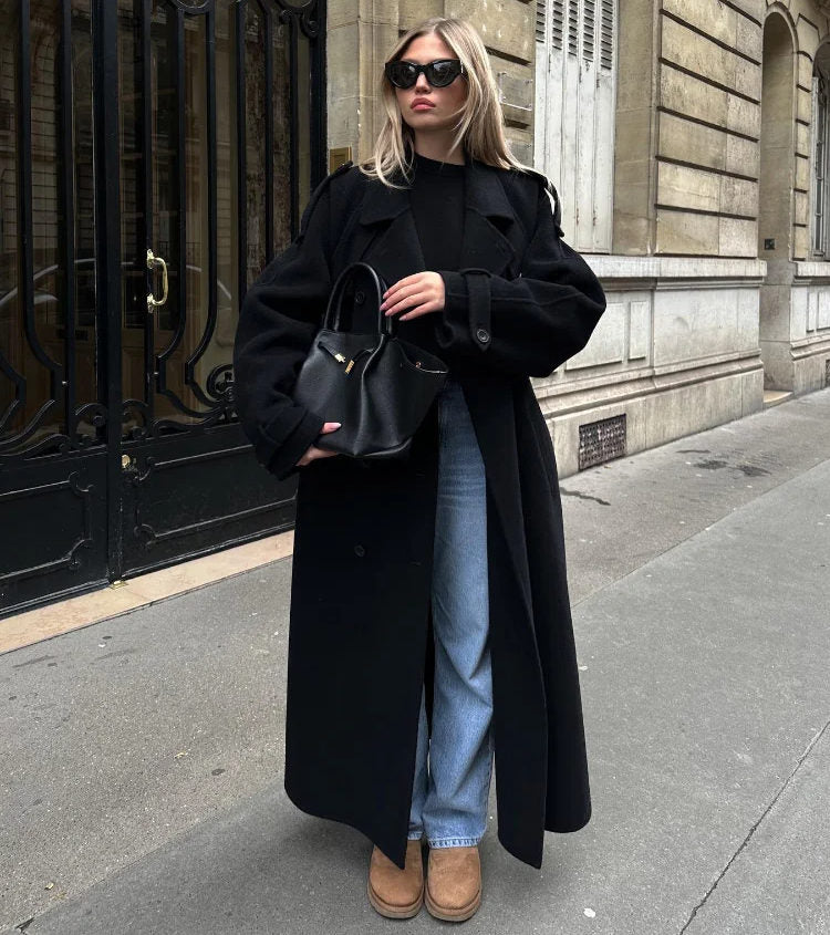 Women's Double-Breasted Maxi Coat with Belt - VibreMode