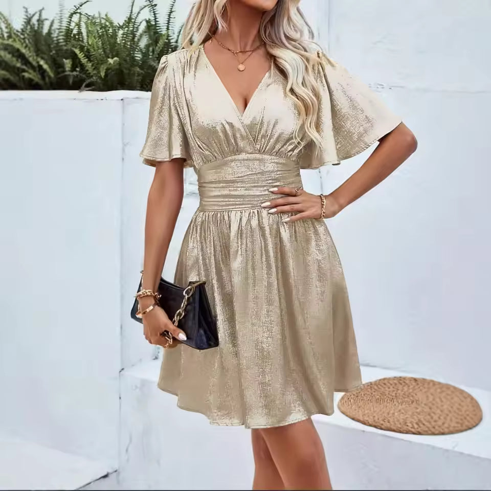 Women's V-Neck Mini Dress Flared Sleeves - VibreMode