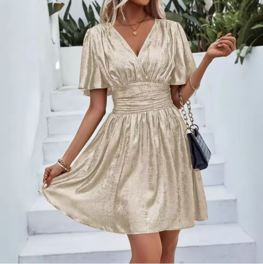 Women's V-Neck Mini Dress Flared Sleeves
