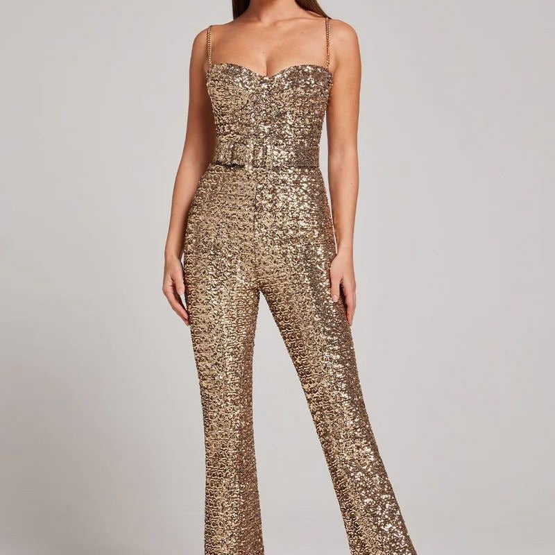 Women's Sequin Jumpsuit Wide Leg Heart Neckline