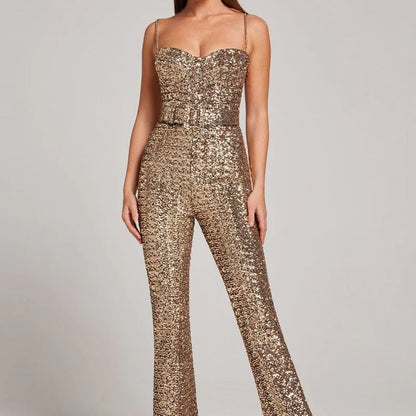 Women's Sequin Jumpsuit Wide Leg Heart Neckline