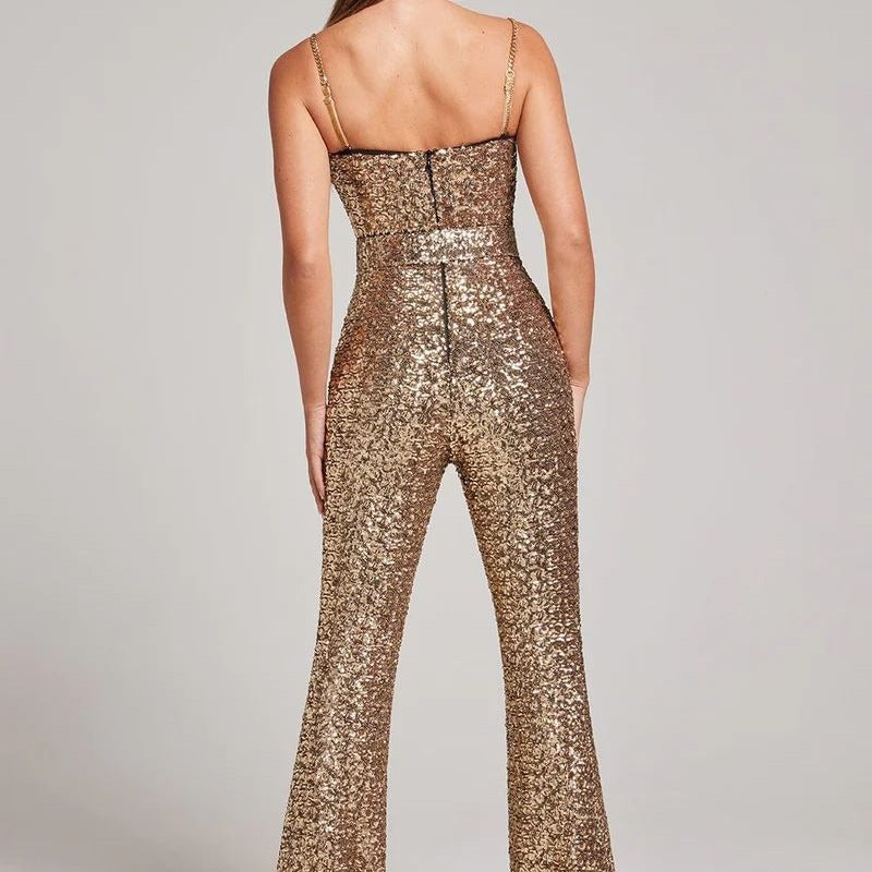 Women's Sequin Jumpsuit Wide Leg Heart Neckline