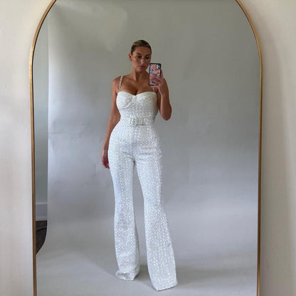 Women's Sequin Jumpsuit Wide Leg Heart Neckline