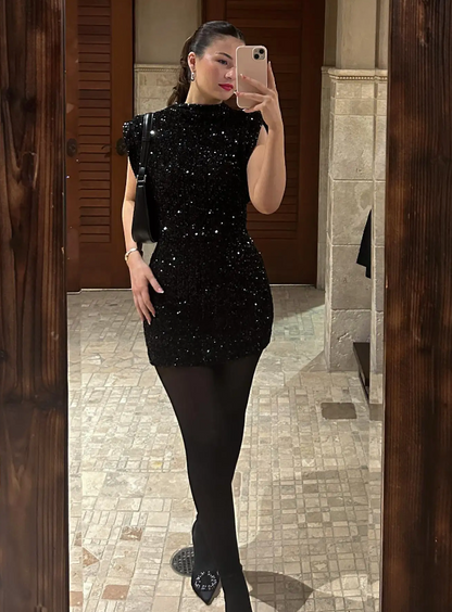 Women's Sequin Mini Dress Stand Collar