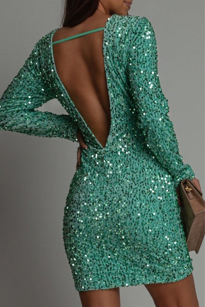Women's Sequin Long Sleeve Round Neck Dress
