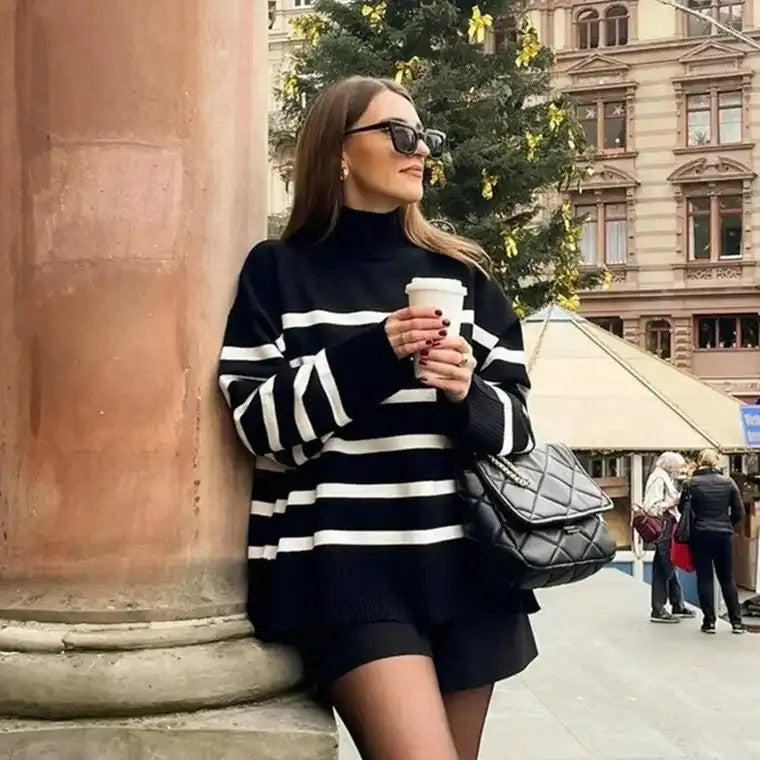 Women's Turtleneck Sweater Horizontal Stripes - VibreMode