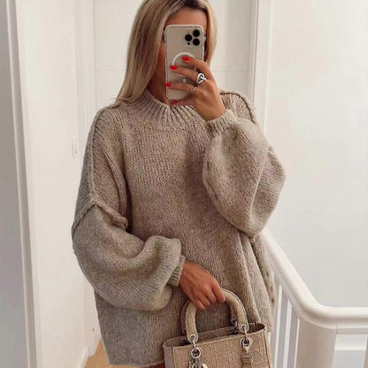 Women's Round Neck Balloon Sleeve Sweater - VibreMode