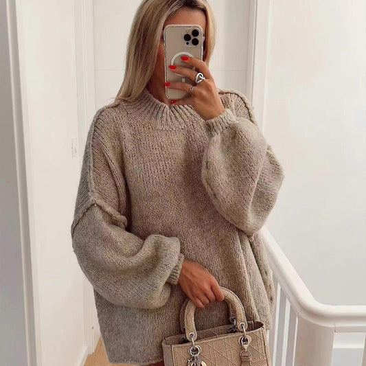 Women's Round Neck Balloon Sleeve Sweater - VibreMode