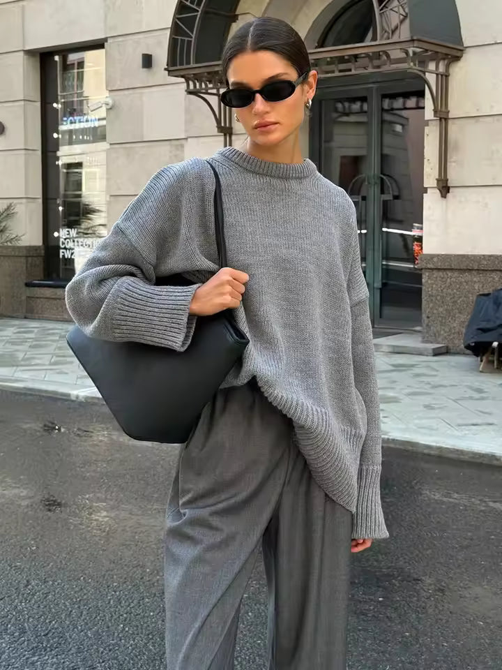 Women's Round Neck Sweater Elastic Cuffs - VibreMode