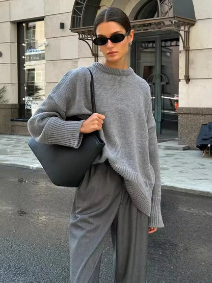 Women's Round Neck Sweater Elastic Cuffs - VibreMode
