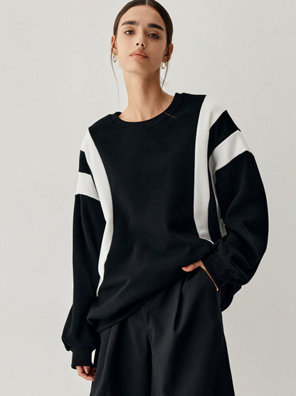 Women's Round Neck Sweater Stripe Sleeves - VibreMode