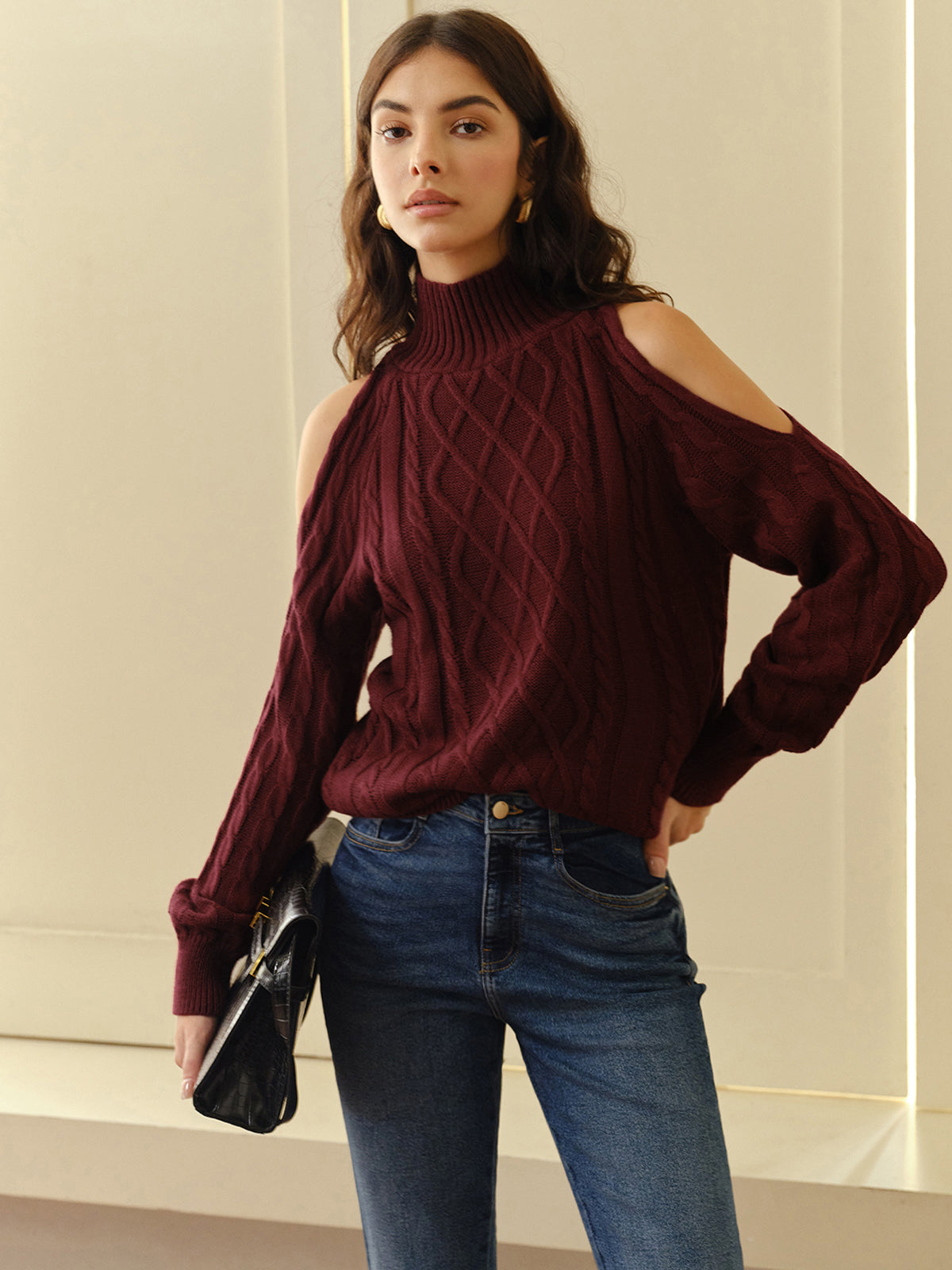 Women's Cable Knit Sweater Shoulder Cutouts - VibreMode