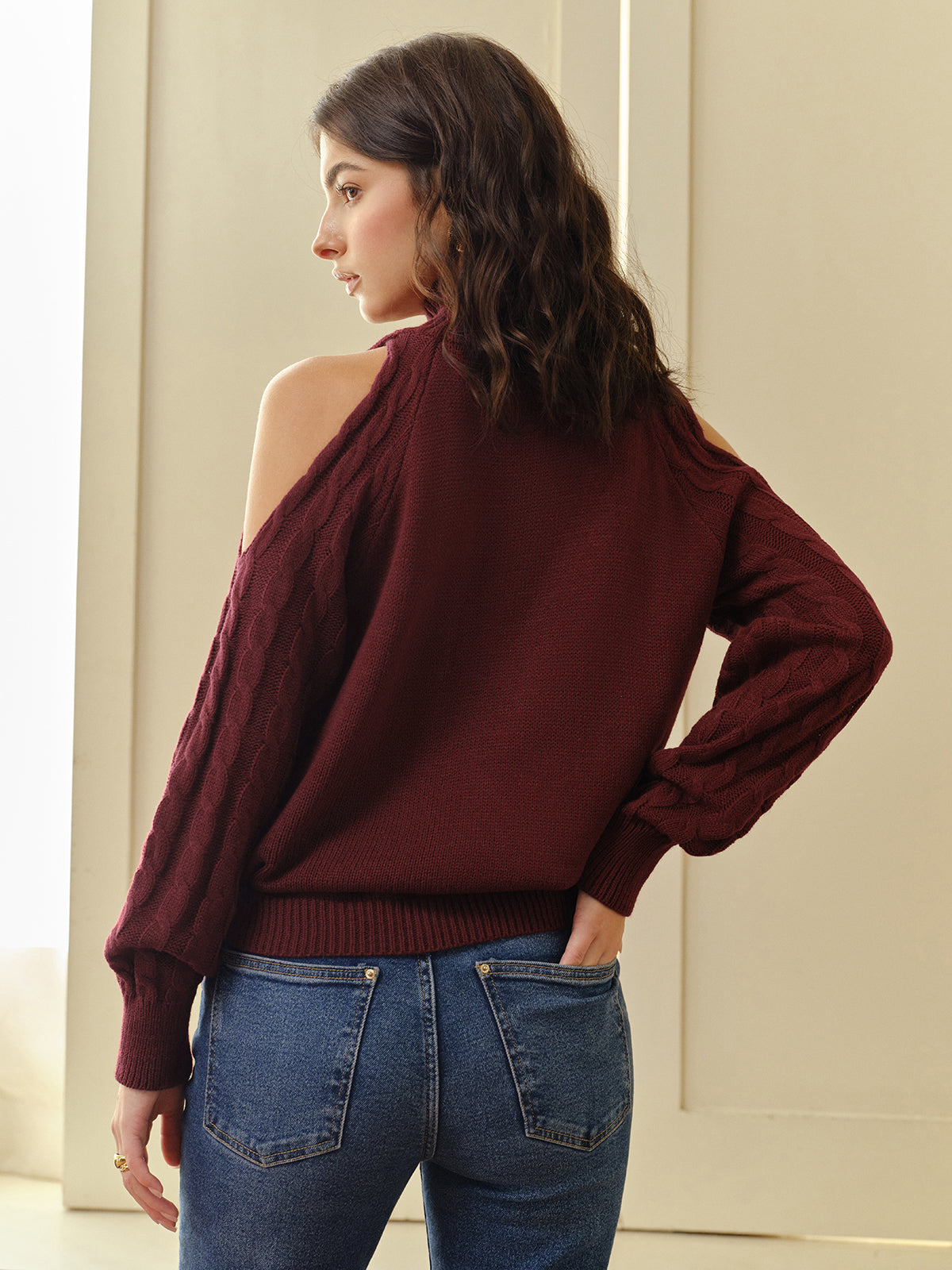 Women's Cable Knit Sweater Shoulder Cutouts