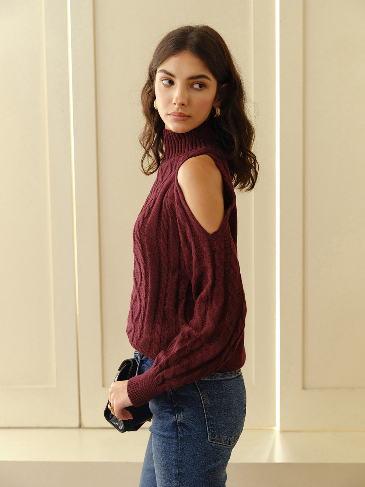 Women's Cable Knit Sweater Shoulder Cutouts