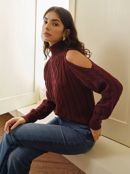 Women's Cable Knit Sweater Shoulder Cutouts