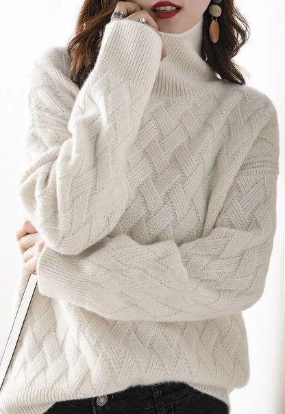 Women's Cable Knit Turtleneck Sweater Long Sleeves - VibreMode