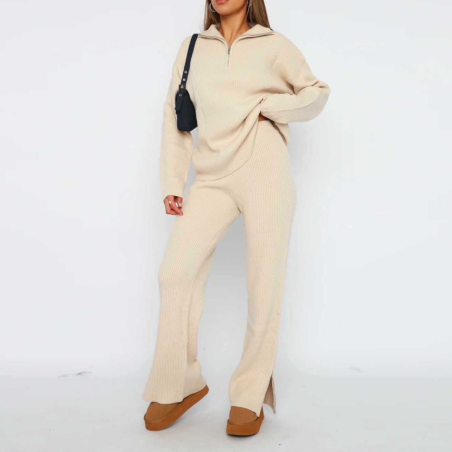 Women's Sweater Set Zip Closure Ribbed Pants