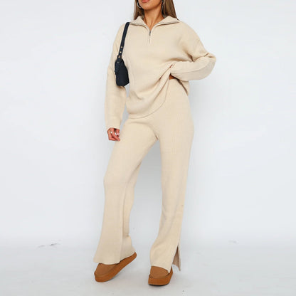 Women's Sweater Set Zip Closure Ribbed Pants