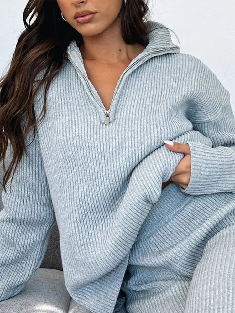 Women's Sweater Set Zip Closure Ribbed Pants