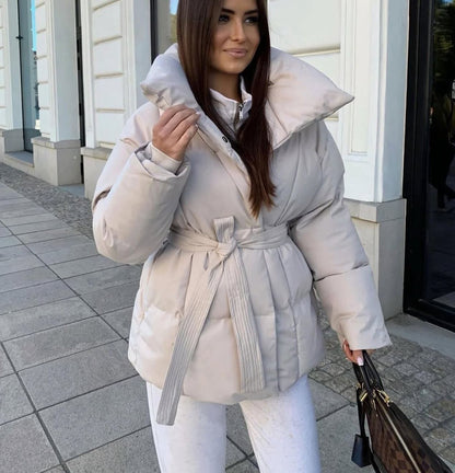 Women's Padded Jacket Oversized Collar Belted