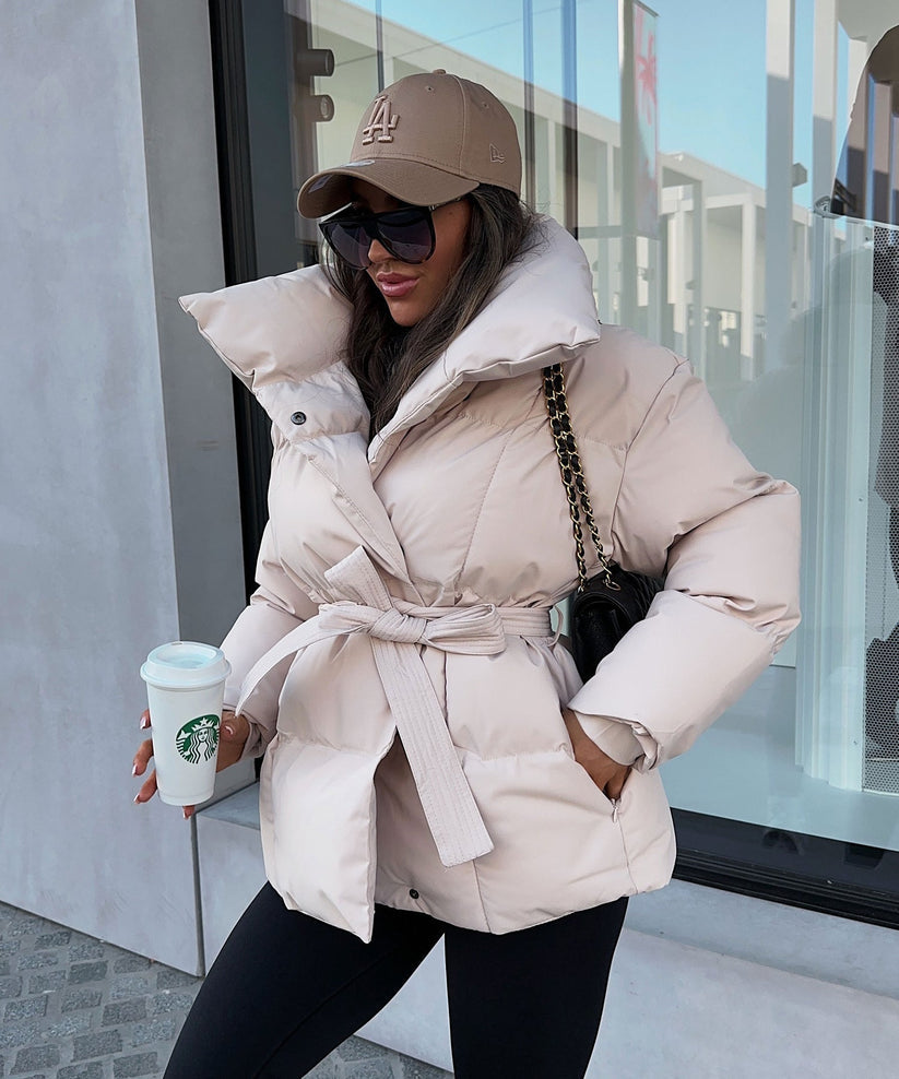 Women's Padded Jacket Oversized Collar Belted