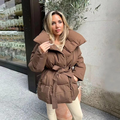 Women's Padded Jacket Oversized Collar Belted