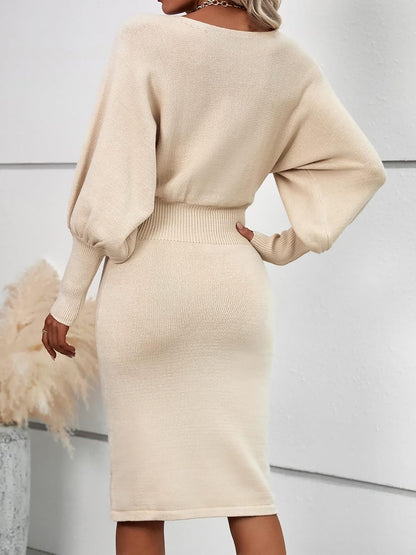 Women's Knitted Dress Round Neckline Balloon Sleeves