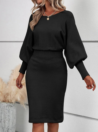 Women's Knitted Dress Round Neckline Balloon Sleeves